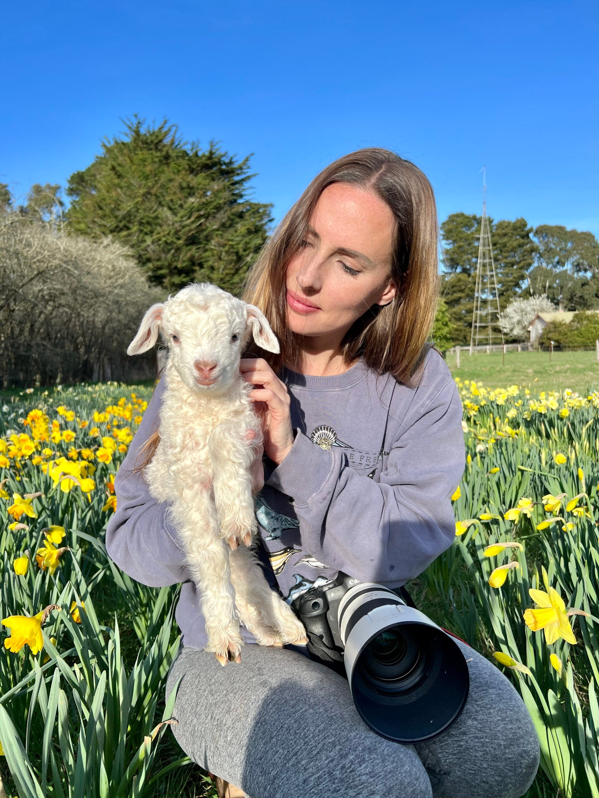 Kelly holds a small white lamb in a paddock of yellow flowers, with a camera at her side.